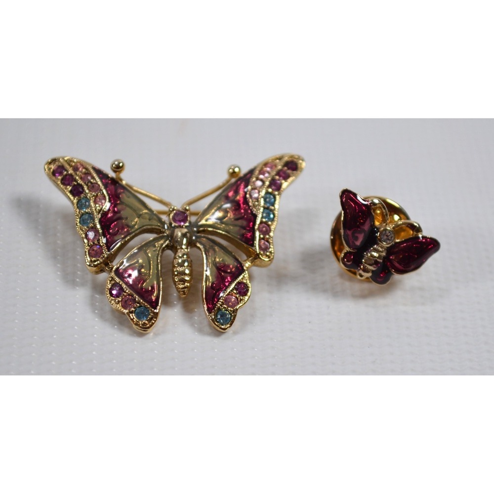 Colorful Enamel Rhinestone Butterfly Brooch Pin & Tac Pin Marked LC 1.25" x 1.5"